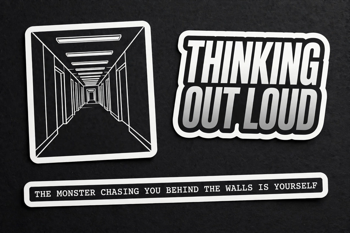 EP 4 sticker pack — hallway mark, wordmark, and quote strip stickers