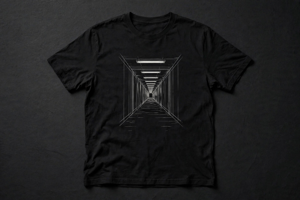 Monster Tee — black tee with white line-art hallway graphic
